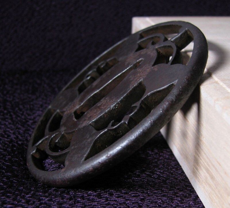 Antique Iron Sword Guard Tsuba Aoi Openwork Goose-Connected w/Box Edo Era F/S