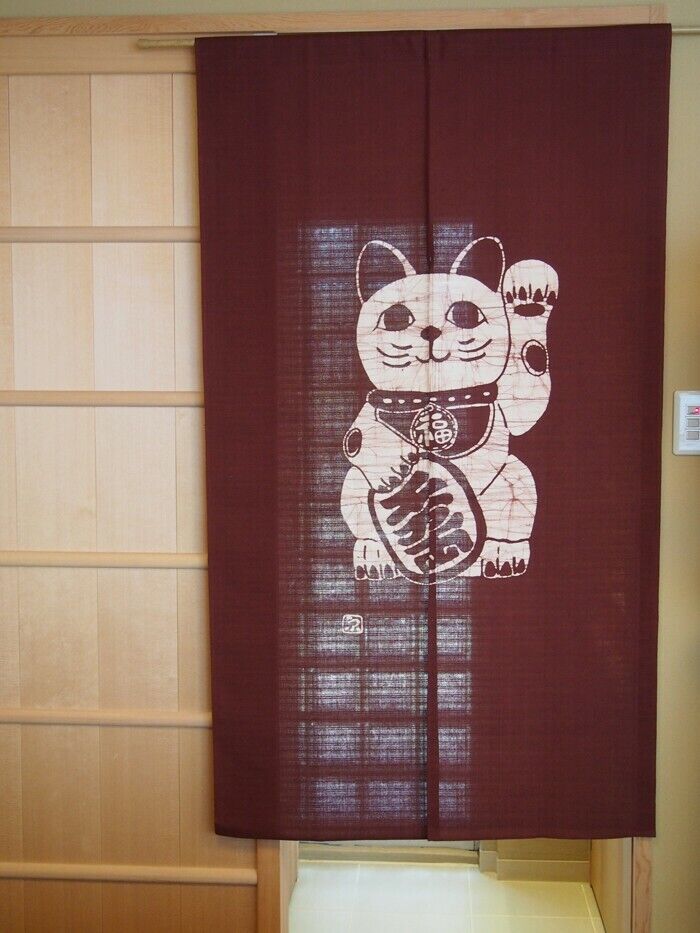 Japan Noren curtain Roketsuzome Lucky Cat which is rare in Kyoto Japan F/S