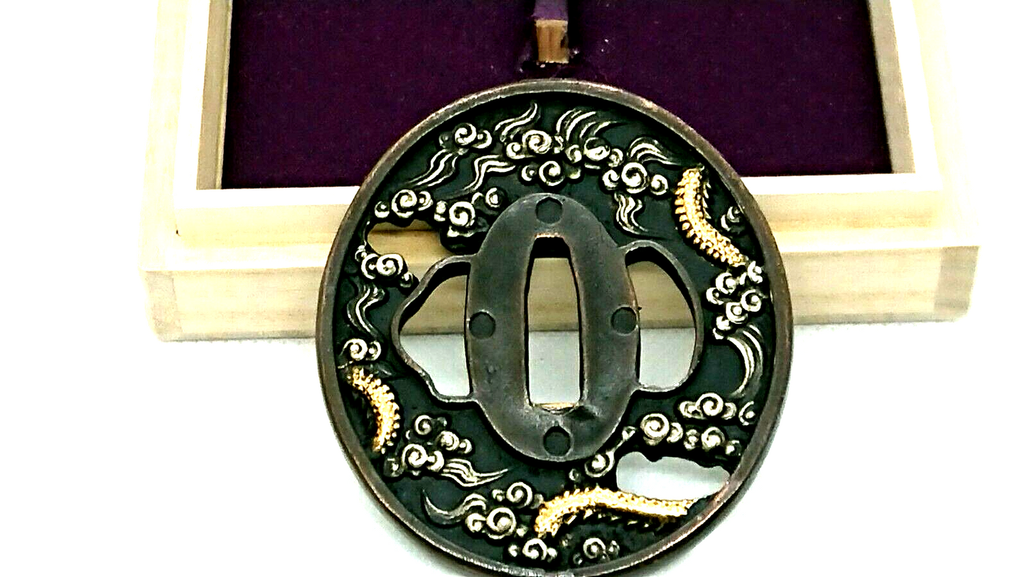 Vintage Japanese Tsuba KATANA SAMURAI sword guard w/ Box Made in Japan RARE F/S