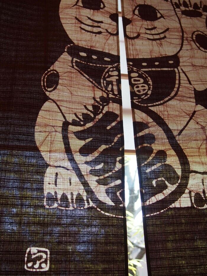 Japan Noren curtain Roketsuzome Lucky Cat which is rare in Kyoto Japan F/S