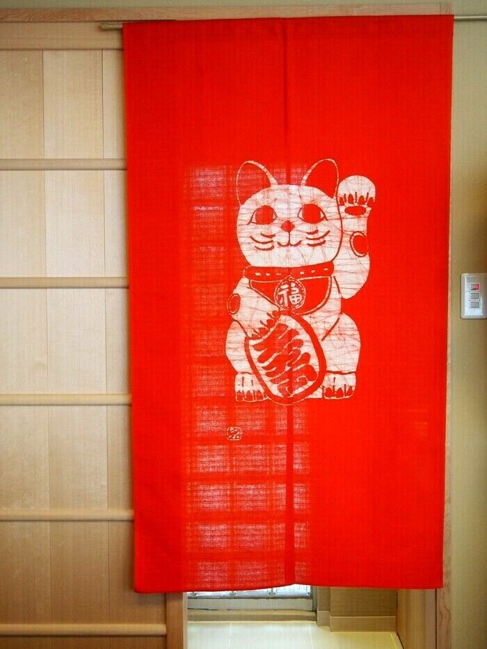 Japan Noren curtain Roketsuzome Lucky Cat which is rare in Kyoto Japan F/S