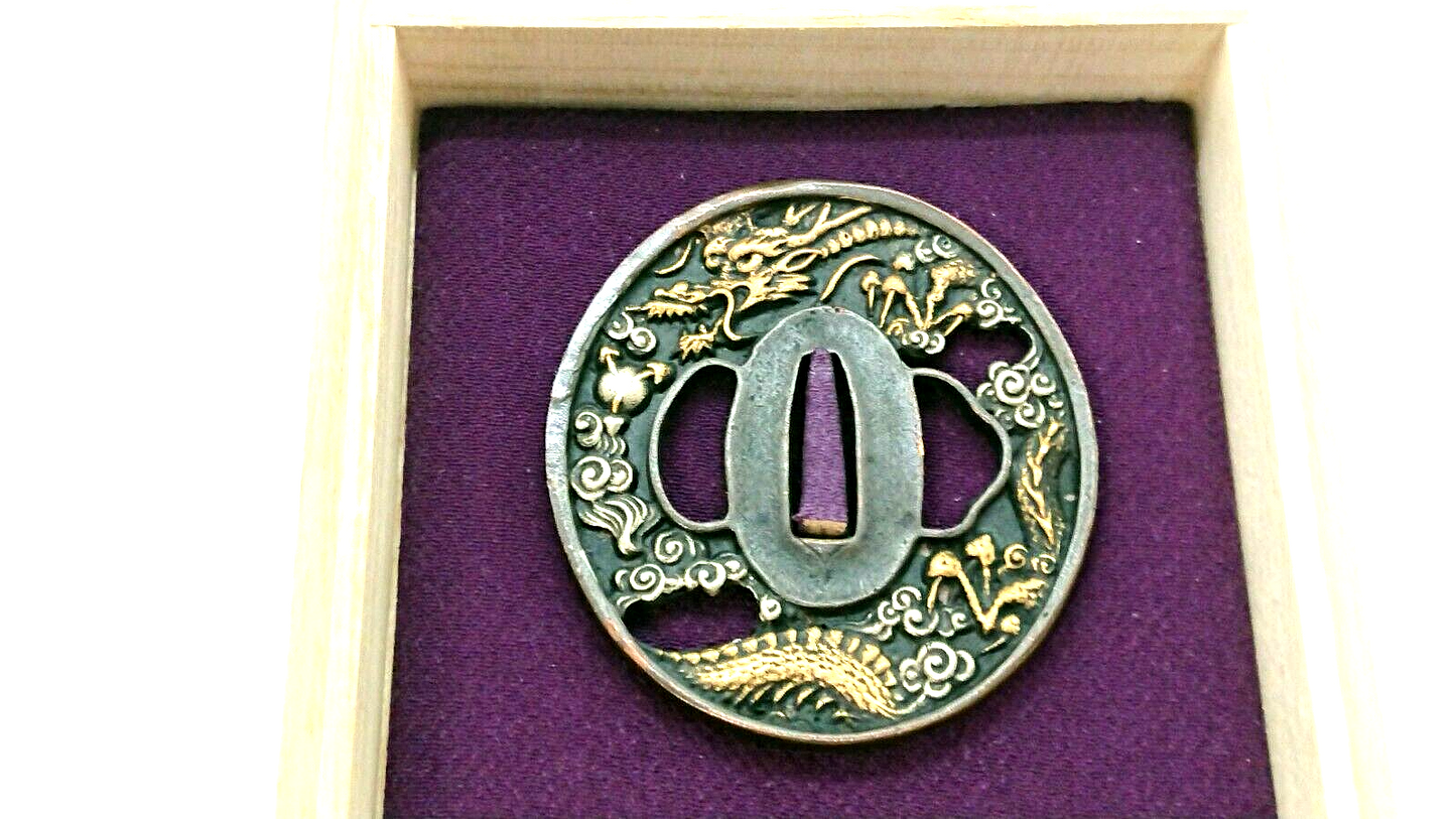 Vintage Japanese Tsuba KATANA SAMURAI sword guard w/ Box Made in Japan RARE F/S