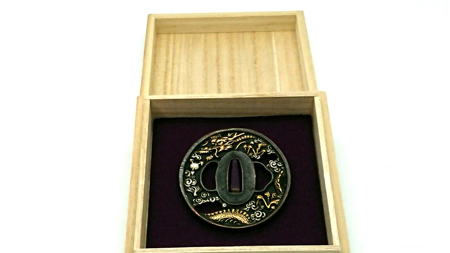 Vintage Japanese Tsuba KATANA SAMURAI sword guard w/ Box Made in Japan RARE F/S