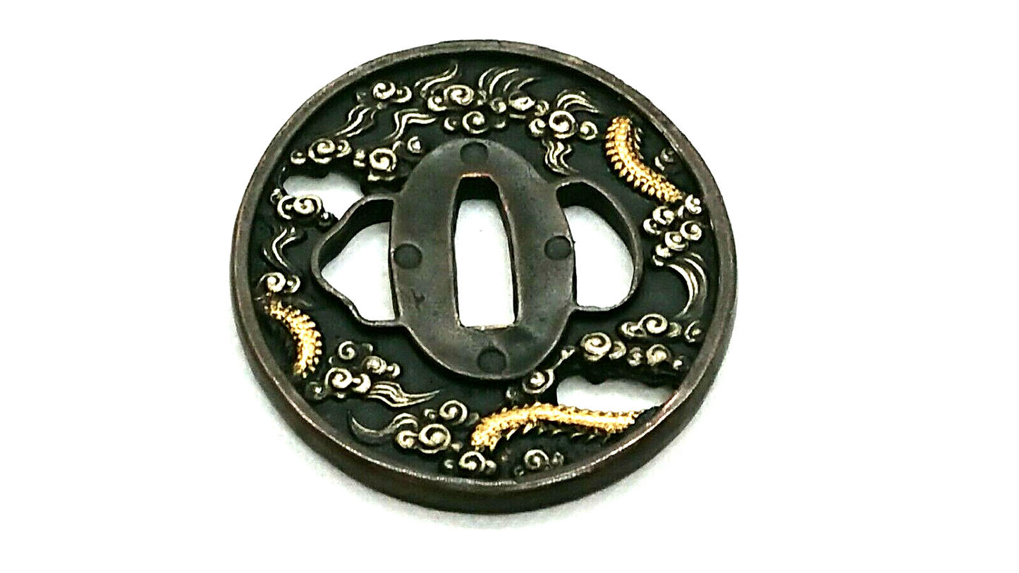 Vintage Japanese Tsuba KATANA SAMURAI sword guard w/ Box Made in Japan RARE F/S
