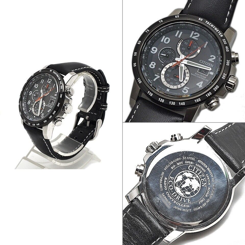 Citizen Eco Drive Radio Chronograph H800-S107334 SS x Leather Black Used in JPN