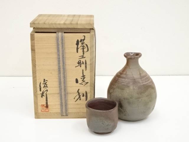 Bizen ware Norimatsu Toshikozo Tokkuri(bottle) & ochoko(cup) Used in Japan F/S