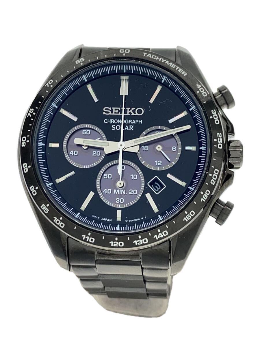 Seiko Watch Chronograph Solar Analog SS Black V175-0FA0 Used in Japan F/S