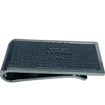 Gucci Money Clip Leather Metal Silver Black Used in Japan F/S