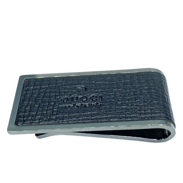 Gucci Money Clip Leather Metal Silver Black Used in Japan F/S