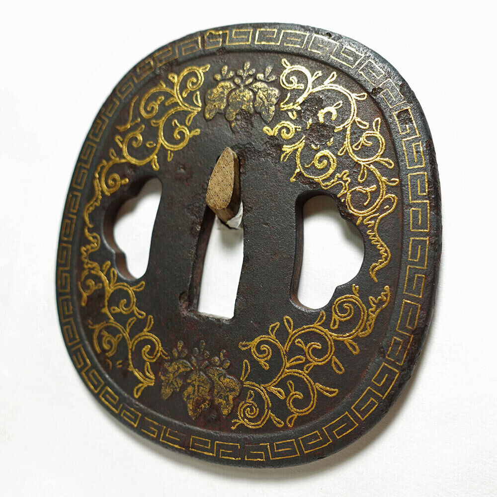 Rare Japanese Tsuba Sword Guard Edo Era Higo Iron w/box Used in Japan