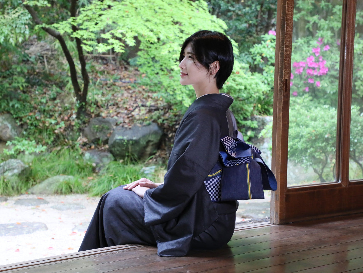 Light blue denim Japan kimono obi modern Half-width belt Umiiro