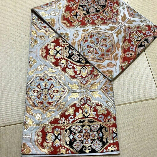 Japanese Vintage obi silk use of gilt and silver thread Lucky patten F/S