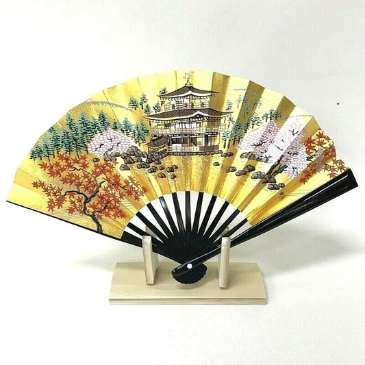 Decorative folding fan Kyoto folding fan Cyasen Kinkakuji with stand JAPAN F/S