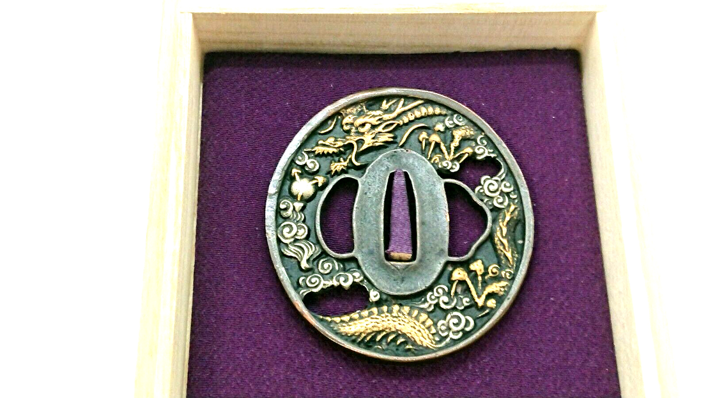 Vintage Japanese Tsuba KATANA SAMURAI sword guard ｗ/ Box Made in Japan RARE F/S