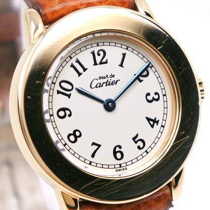 CARTIER カルティエ マストロンド ヴェルメイユ 1801 腕時計 シルバー925×レザー 茶 クオーツ レディース ベージュ文字盤【62010437】中