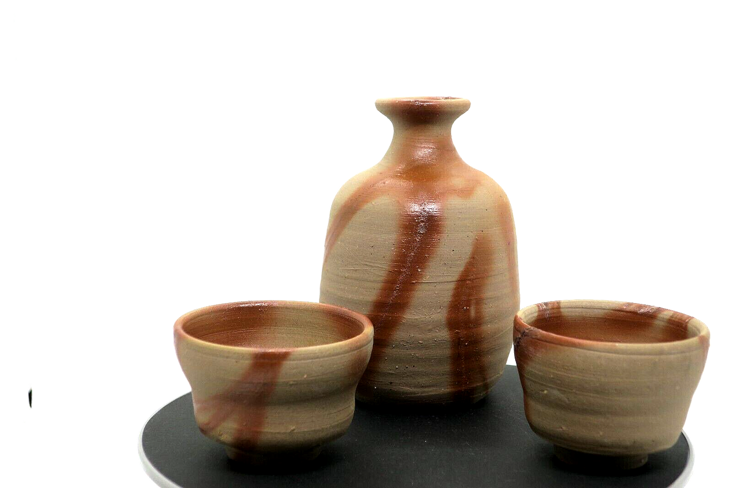 Japanese tokkuri sake bottle and two sake cups Bizen ware From Japan