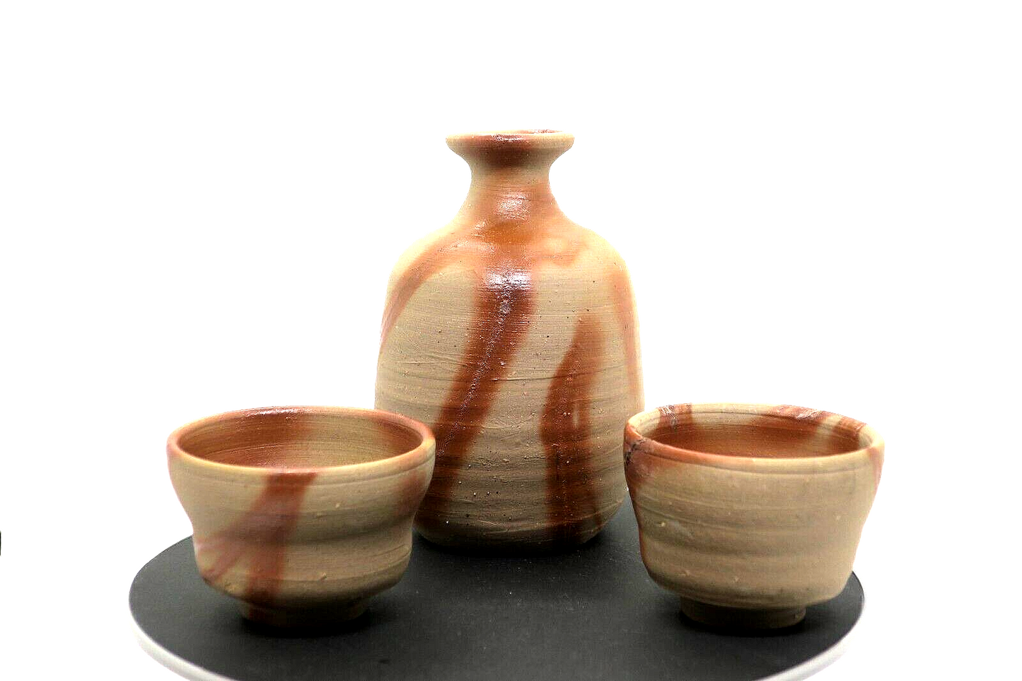 Japanese tokkuri sake bottle and two sake cups Bizen ware From Japan