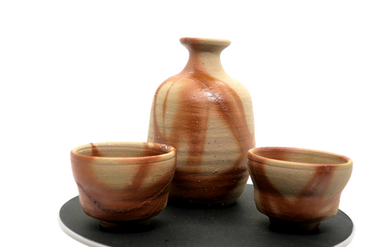 Japanese tokkuri sake bottle and two sake cups Bizen ware From Japan