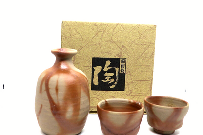 Japanese tokkuri sake bottle and two sake cups Bizen ware From Japan