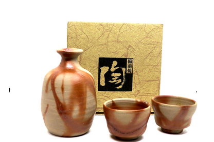 Japanese tokkuri sake bottle and two sake cups Bizen ware From Japan